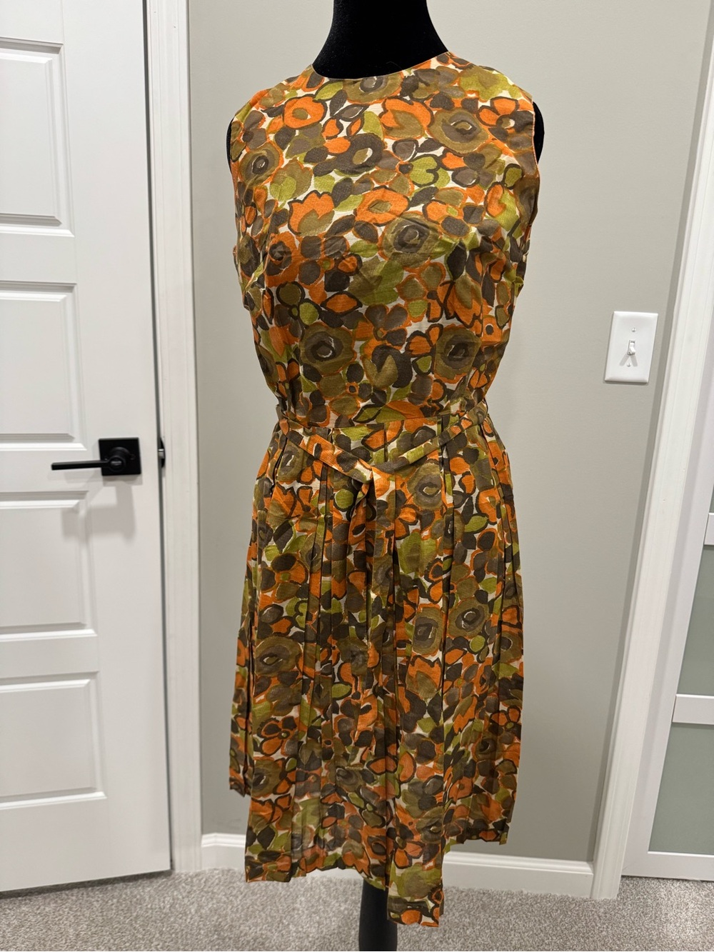 Vintage 1960’s Olive & Orange Floral Sleeveless Dress